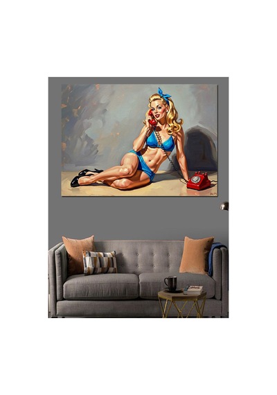 Telefonlu Retro Mavi Bikini Kadın Yağlı Boya Dokulu Kanvas Tablo Canvas Tablosu
