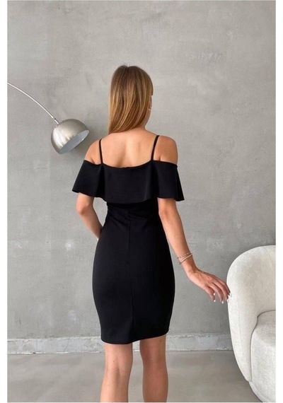 Lior Design Kadın Sade Madonna Yaka Volanlı Abiye Elbise Siyah