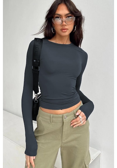 Madmext Füme Bisiklet Yaka Basic Uzun Kollu Body Mg1701 Füme