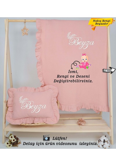 Gros Shop Pamuk 4 Katlı Müslin Fırfırlı Battaniye Takı Yastığı Kılıfı Pembe