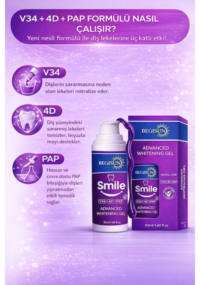 Begisun V34 Leke Karşıtı Diş Beyazlatıcı Mor Jel 50 ML