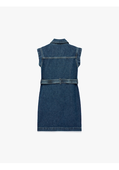 Koton Pamuklu Kolsuz Kuşak Detaylı Gömlek Yaka Denim Elbise Orta İndigo 6skg80003ad İndigo