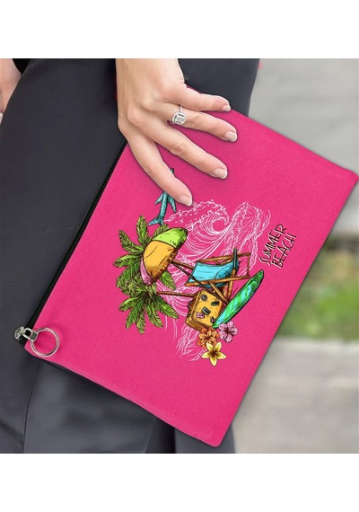 Bk Gift Yaz Temalı-9 Astarlı Fuşya Portföy Çanta 30x21cm, Baskılı El Çantası, Organizer Çanta Çok Renkli