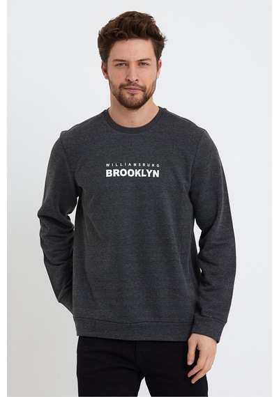 Süperlife Erkek Bisiklet Yaka Regular Fit Brooklyn Baskılı İnce Sweatshirt Spr23sw330 Antrasit