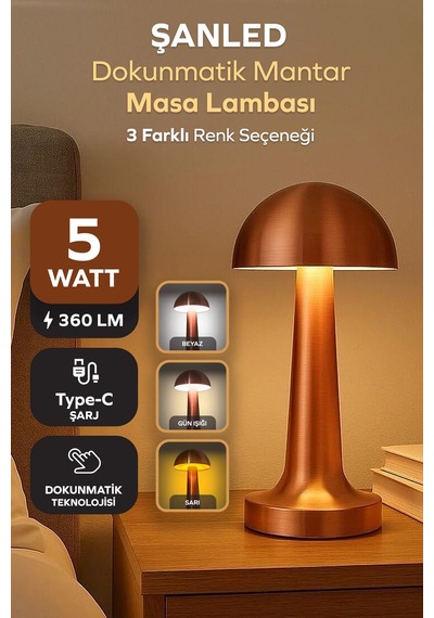 Bakır Renk Şarjlı Led Masa Lambası Type-c Girişli Dokunmatik 3 Işık Modlu Gece Aydınlatması Bakır