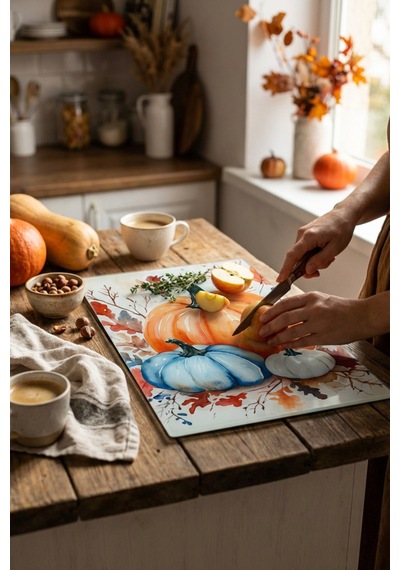 Makri Home Dekoratif Kabak Desenli Cam Kesme Tahtası 25 Cm 35 Cm Turuncu