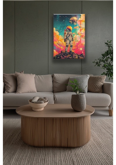 Renkli Bulutlar İçinde Astronot 4mm Cam Tablo Pop Art Uzay Uv Baskı Beyaz