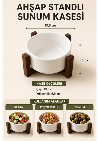 Ahşap Standlı Seramik Kase Bowl Salata Tabağı Sunumluk Ve Sosluk 14 Cm