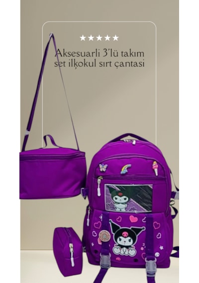 3'lü Set Karekter Desenli Aksesuarlı Mor İlkokul Sırt Çantası