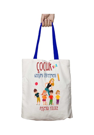 Art Hediye Mavi Kulplu Kişiye Özel Çocuk Gelişimi Öğretmeni Kalem Yıkanabilir Omuz Çanta Çok Renkli