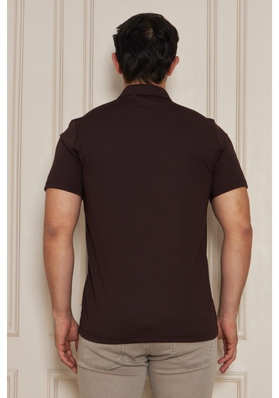Jeuss Erkek Viscon Lina Kumaş Fermuarlı Yakalı Kahverengi Tshirt