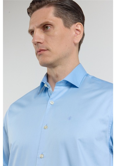 İmza Mavi Yarım İtalyan Yaka Saten Uzun Kol Premium Slim Fit Pamuk Gömlek 1004255195 XL