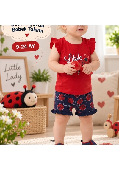 Candar Uğur Böceği Desenli Fırfırlı Şortlu Bebek Takımı 9/24 Ay Kırmızı
