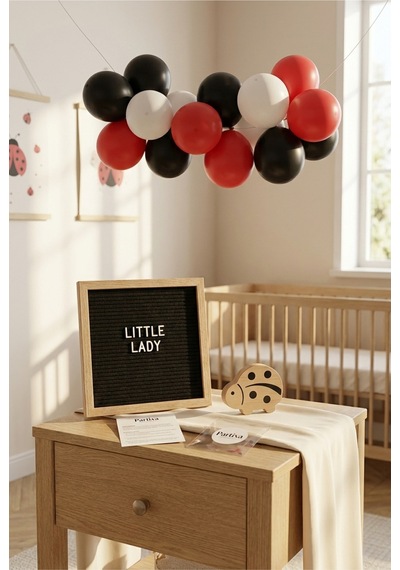 Uğur Böceği Temalı Doğum Günü Süsleme Mini Set Siyah Keçe Yazı Panosu Standlı Balon Zincirli Kız Çocuk Konsepti