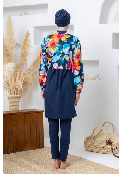 Maresiva 262407 Monroe Paraşüt Kumaş Lycra Uzun Kollu Lacivert Tam Boy Tesettür Mayo