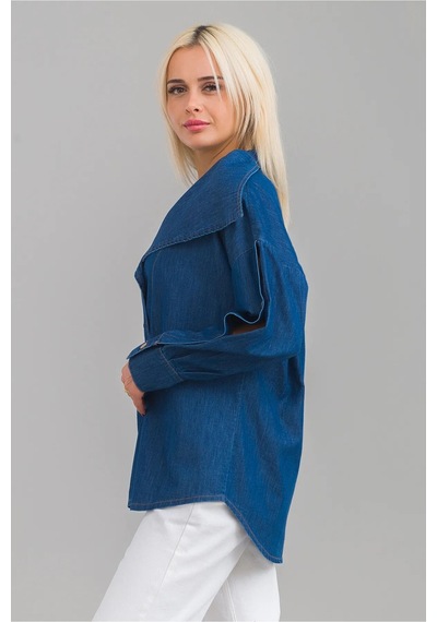 Bold & Young Kadın Pamuklu Denim Kumaş Kol Yırtmaç Düğmeli Büyü Yaka Kot Gömle Lacivert