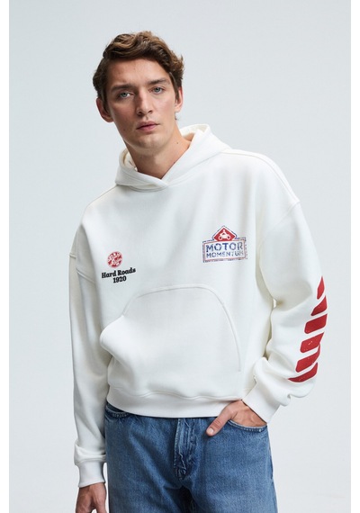 Grimelange ABISMO Erkek Kapüşonlu Kanguru Cepli Kolları ve Sırtı Baskılı Relaxed Fit Beyaz Sweatshirt