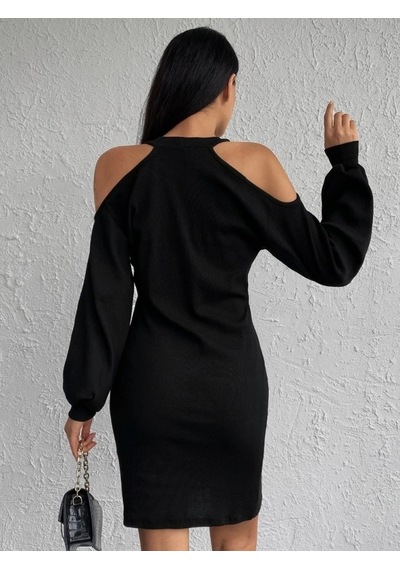 Defymoda Kadın Uzun Kollu Omuzları Açık Boyundan Şerit Detay Kaşkorse Elbise Siyah