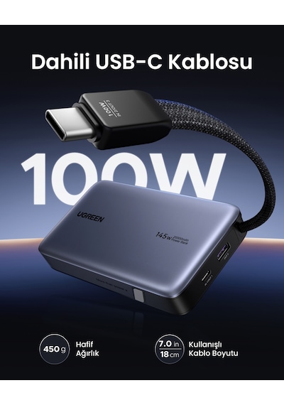 Ugreen Nexode 20.000 Mah 145 W Dahili Usb-c Kablolu Hızlı Şarj Powerbank, 55992b Gri