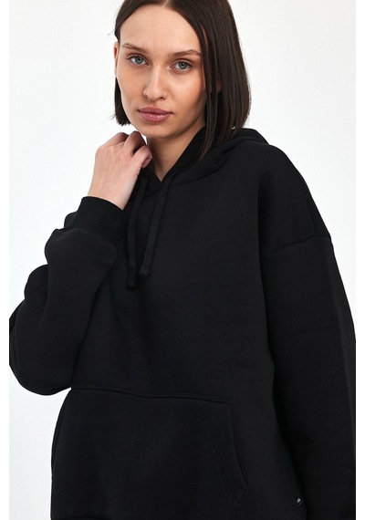 Odda Kadın Kapüşonlu Şardonlu Sweatshirt Siyah