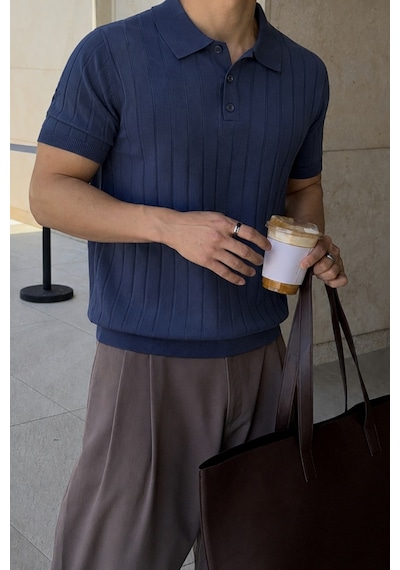 Tarz Cool Erkek Çizgili Triko Polo Yaka Tişört Slim Fit Premium Pamuklu Yazlık Polo Lacivert