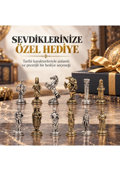 Lüks Metal Satranç Takımı Osmanlı Bizans Figürlü Krom Yeşil Mermer Desenli 20x20 Premium Hediye Seti