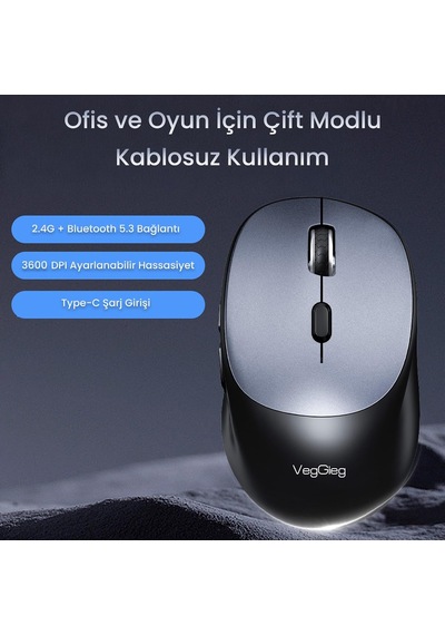 G880 Dual-mode Bluetooth 5.3 Ve 2.4ghz 3600dpı Optik Kablosuz Mouse Gri