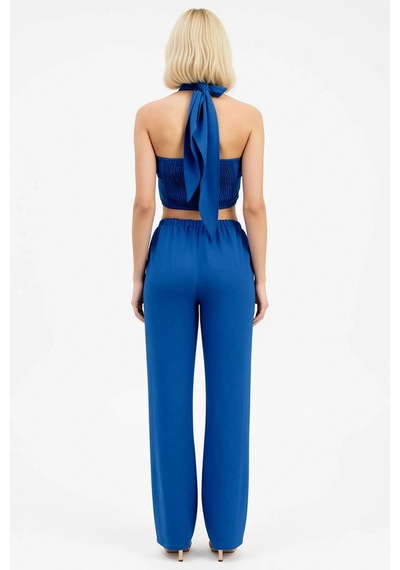 Benerly Kadın Alt Üst Keten Görünümlü Dokuma Crop Bluz Geniş Paça Pantolo Indigo