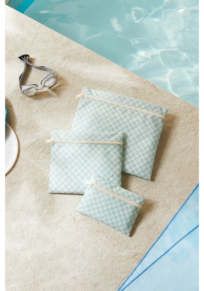 Ocean Home Textile 3'lü Su Geçirmez Pvc Astarlı Mint Dama Desen Islak Kuru Çantası 20 X 13 / 24 X 20 / 30 X 24 Cm