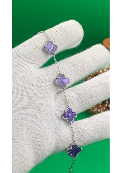 Gümüş Renk Yonca Model Çelik 316l Bileklik Mor