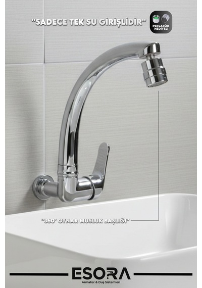 360 Oynar Başlıklı Kuğu Borulu Duvardan Tek Su Mutfak - Banyo Ve Lavabo Bataryası Krom