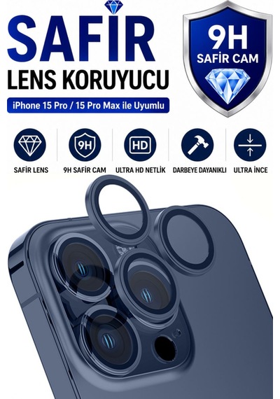 Apple iPhone Uyumlu  15 Pro / 15 Promax Mavi Titanyum Metal Kamera Lens Koruyucu Safir Cam Ultra Net Hd