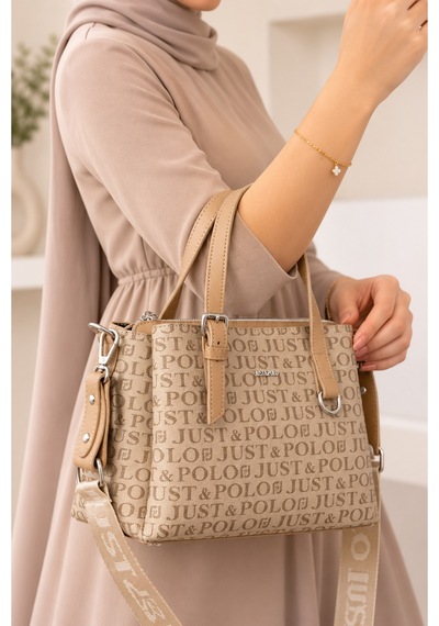 Just Polo Kadın Orta Boy Premium Deri Ayarlanabilir Askılı 3 Bölmeli Şık El & Omuz Çantası Shoulder Bag Kum
