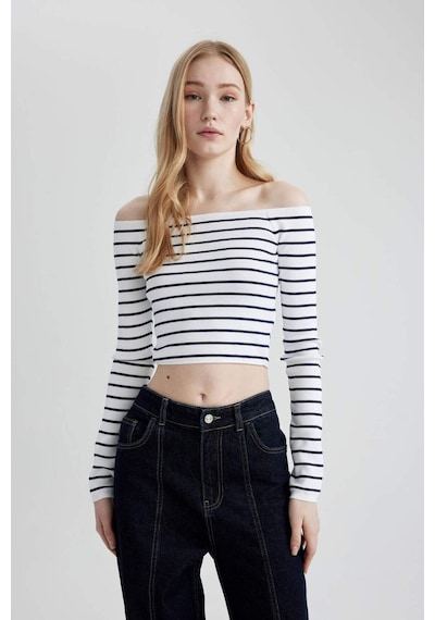 DeFacto Slim Fit Dar Kesim Çizgili Açık Omuz Triko Kazak B7573AX24SPNV31 Lacivert