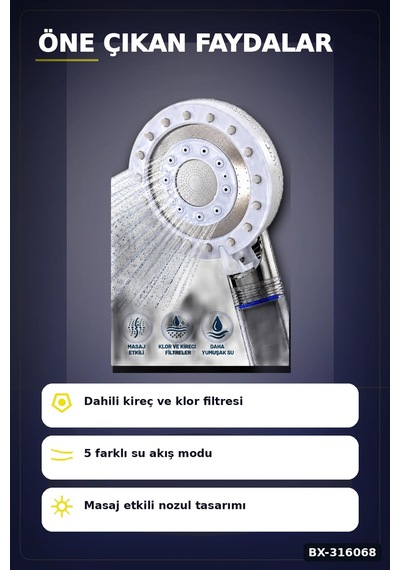 Filtreli Duş Başlığı 5 Fonksiyonlu Masaj Etkili Banyo Başlığı, Klor Kireç Filtreleme Bx-316068 Diğer