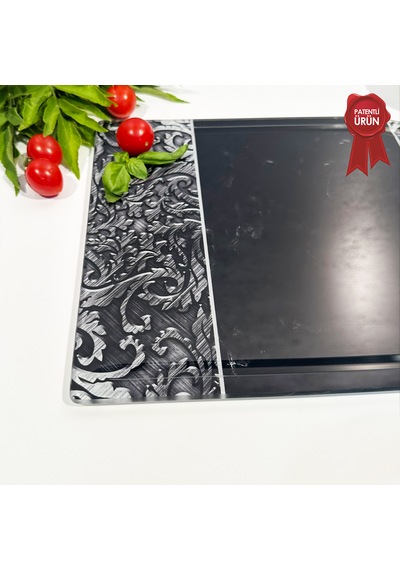 Kanallı Cam Kesme Tahtası - Black Ornament - Kenarı Oval- 25x35cm