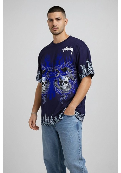 Barlashive Erkek Oversize Tişört Dragon Kuru Kafa Baskılı Bisiklet Yaka T-shirt - Lacivert Çok Renkli