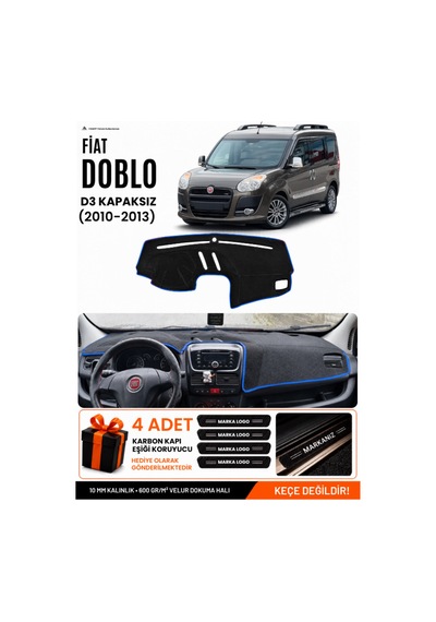 Fıat Doblo D3 2010-2013 Kapaksız Uyumlu Torpido Örtüsü, Torpido Kılıfı - Siyah-mavi - Fı006