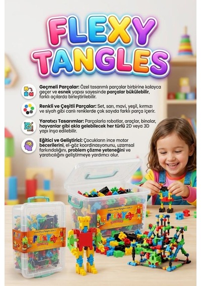 250 Parça Flexy Tangles Esnek Geçmeli Bloklar Plastik Saklama Kutulu Eğitici Oyuncak