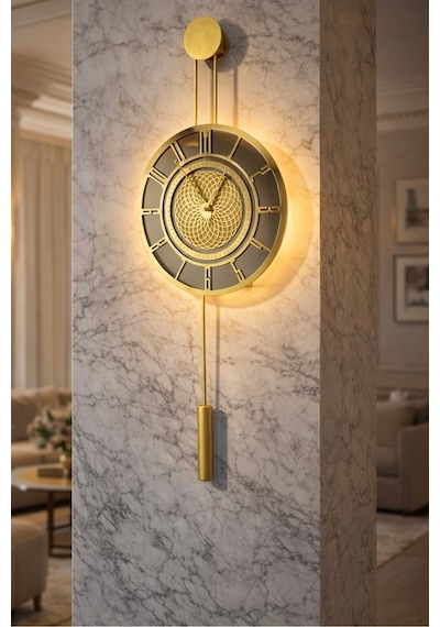 Metaquartz Aksesuar Pendulum Saat - Premium Gold Chakra Dizayn - Ledli Metal Duvar Saati Sarı