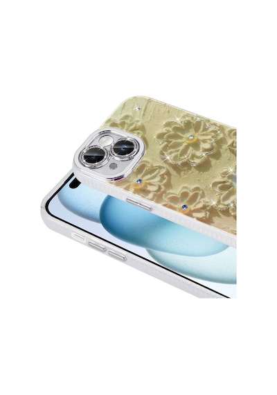 Apple Uyumlu iPhone 14 Kılıf Çiçek Desenli Parlak Taşlı Sert Silikon Tchs Garden Kapak - Mavi Mavi