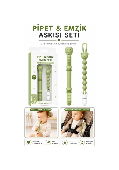 2'li Diş Kaşıyıcı Seti Pipet Ve Emzik Askısı Bebek Dişlik Yeşil