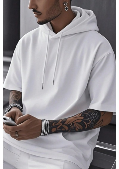 Tarz Cool Erkek Oversize Kısa Kollu Kapüşonlu Tişört Sweatshirt Beyaz