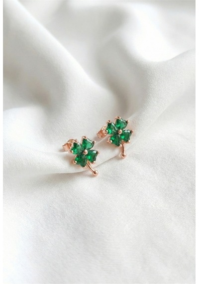 Çekirdekjewelry 925 Ayar Gümüş Zümrüt Taşlı Yonca Küpe Rose