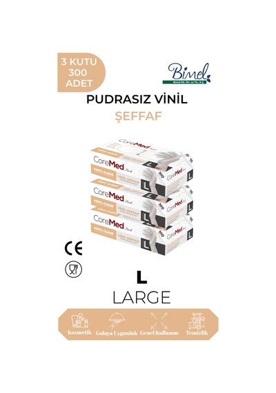 Vinil Şeffaf Pudrasız Muayene Eldiveni L - 3 Paket 100'lü