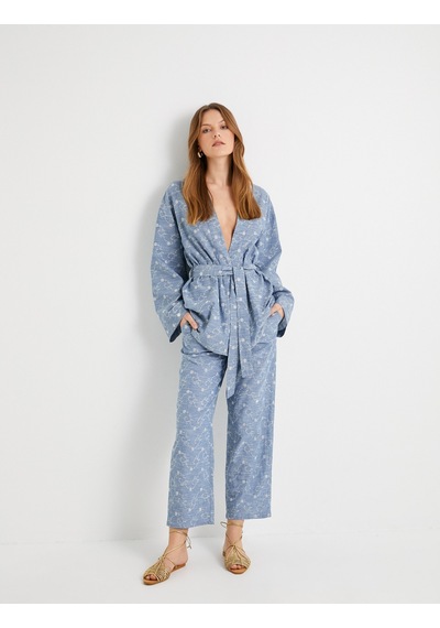 Koton Culotte Pantolon Beli Lastikli Cep Detaylı Çiçek İşlemeli Mavi 4sak40156pw Mavi