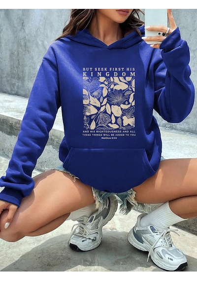Uyguntarz Unisex But Seek First His Kingdom Baskılı Tasarım Oversize Sweatshirt Mavi