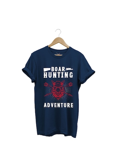 Domuz Avcılığı Baskılı Hunter Avcılık Temalı %100 Pamuk Regular Fit Lacivert T-shirt Lacivert