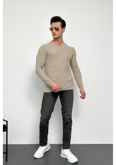 Erkek Vizon Regular Fit Bisiklet Yaka %100 Akrilik Triko Kazak Hlthe012121