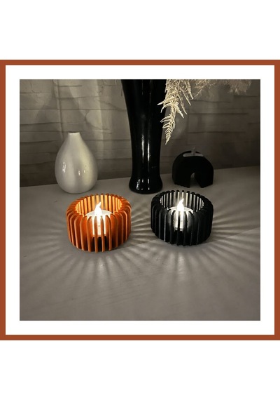 Bezos 3d Baskı Modern Çizgili Mumluk - Tealight Mumluk 1 Adet -turuncu Pro